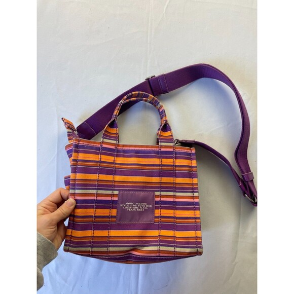 Marc Jacobs The Tote Bag Medium Violet Striped Fabric Crossbody HandBag W/ Strap - Picture 2 of 8